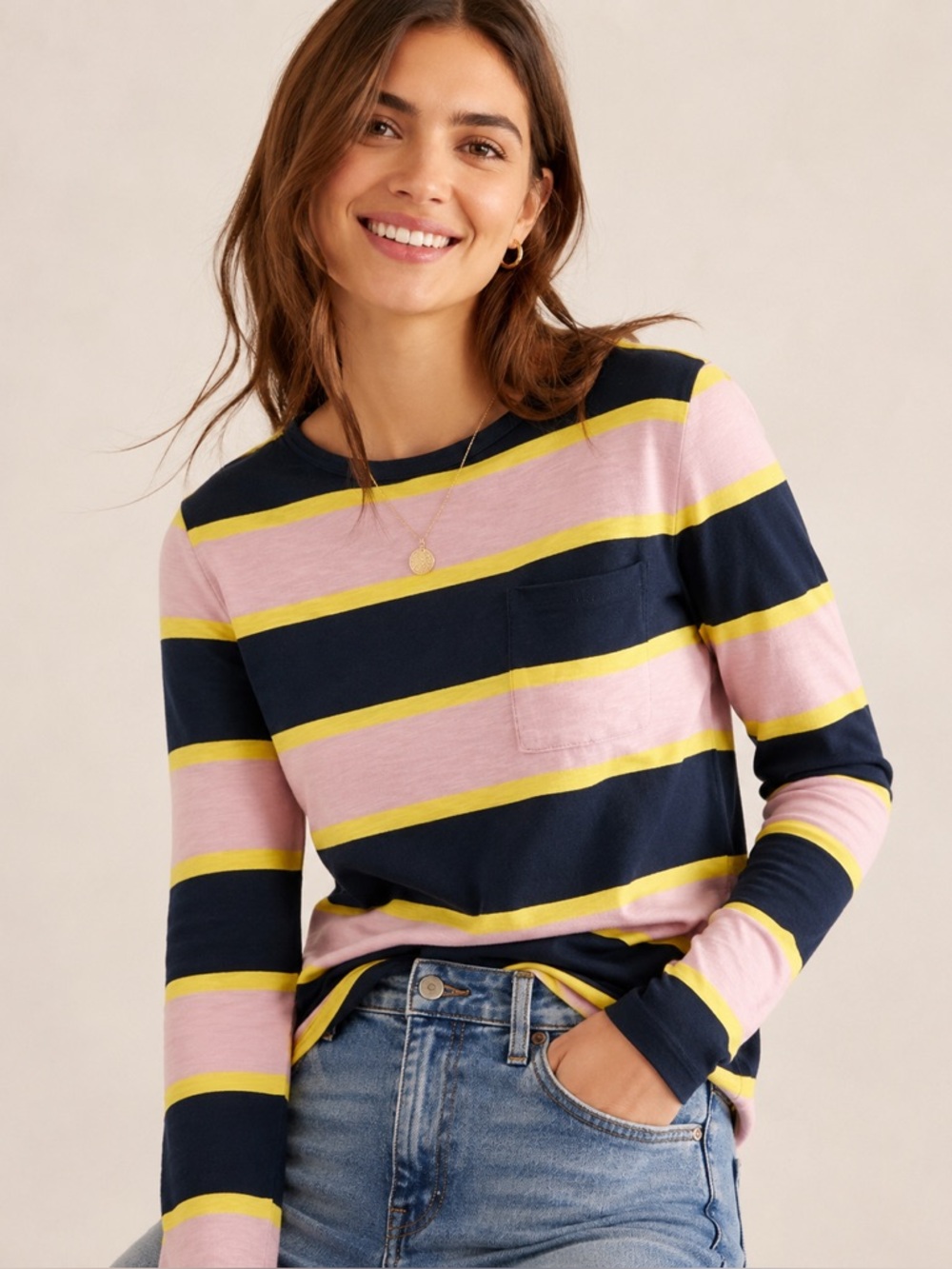 Boden Striped Boxy Tee Long Sleeve Navy Pink Yellow Pocket Top US 2